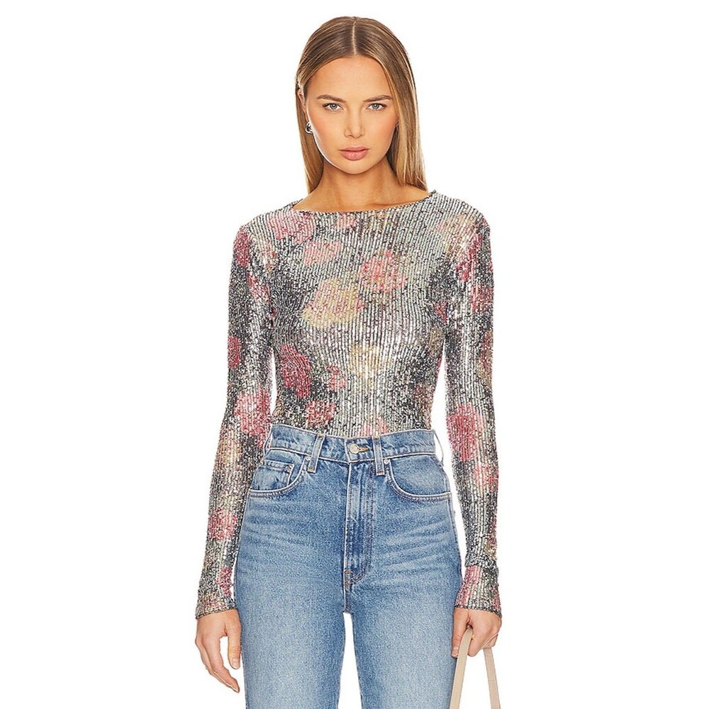 Free People Floral Printed Gold Rush Sequin Top Size L Long Sleeves Semi Sheer